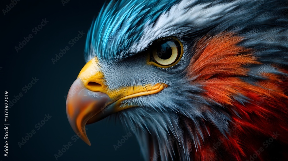 Fototapeta premium The striking falcon captures attention with its colorful plumage, sharp gaze, and intricate feather details, showcasing nature's artistry in a bold manner.