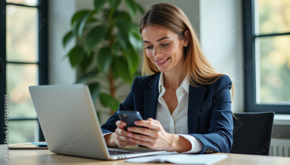 Businesswoman Working on Laptop and Smartphone Businesswoman Working on Laptop and Smartphone