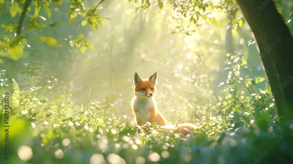 Fototapeta premium Fox's View: Serene Forest Glade 3D Render with Soft Sunlight and Natural Sounds