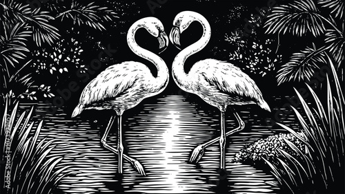 A black and white stylized illustration of two flamingos standing gracefully in a tranquil jungle pond, surrounded by lush foliage. The scene conveys a serene and elegant atmosphere. Adobe Stock.