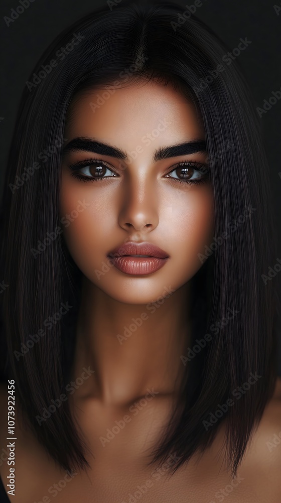 A young woman poses with a confident gaze, showcasing her smooth skin, defined cheekbones, and dark hair. The minimalist black background emphasizes her natural beauty and elegance. A young woman poses with a confident gaze, showcasing her smooth skin, defined cheekbones, and dark hair. The minimalist black background emphasizes her natural beauty and elegance.