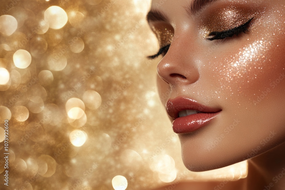 holiday season cosmetics - beauty shot featuring glittery New Year makeup, with radiant skin, sparkling eyeshadow, and a glamorous glow, minimal background with copy space holiday season cosmetics - beauty shot featuring glittery New Year makeup, with radiant skin, sparkling eyeshadow, and a glamorous glow, minimal background with copy space