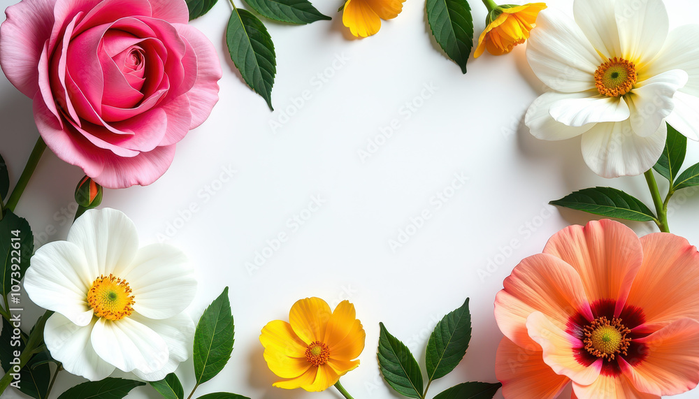 Obraz premium Free copy space in the middle, surrounded with flowers bird of paradise, nasturtium, petunia, and helianthus, copy space
