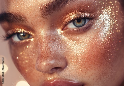 New year party holiday season festive makeup with golden glitter on a face of beautiful female model photo