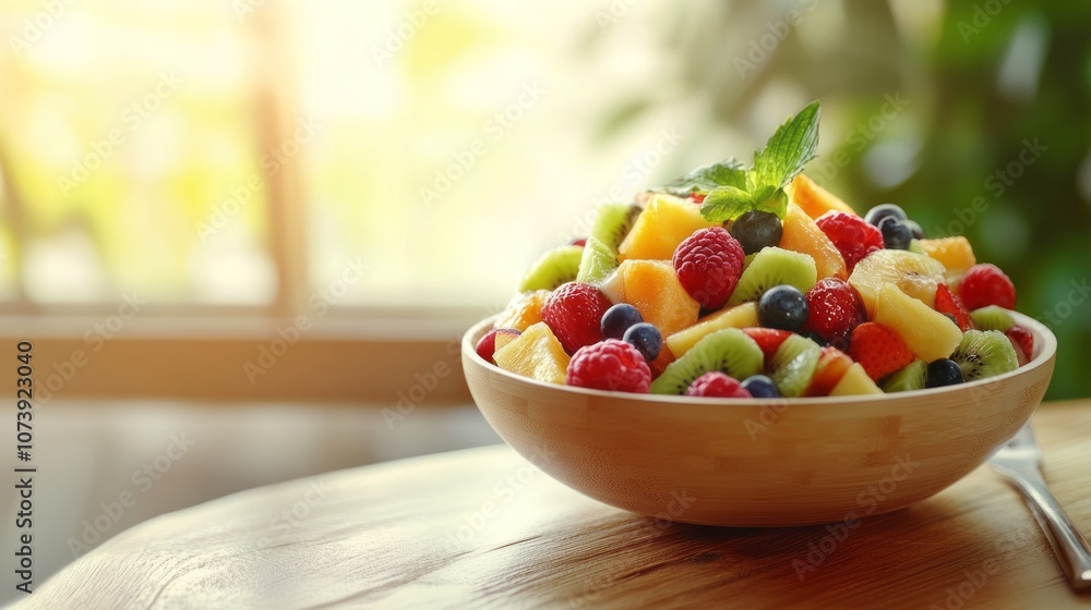 Close up shot of fresh diced fruit in a wooden bowl on the table close up, summer fruit salad against the background of a slightly blurred window in the room with space for text or inscriptions
