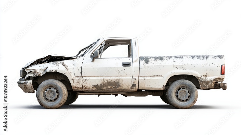White damaged pickup truck isolated on white background, pickup truck after accident
White damaged pickup truck isolated on white background, pickup truck after accident
