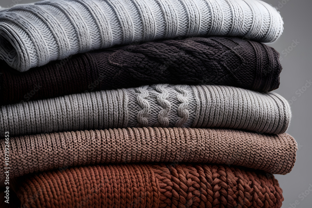 Stack of cozy, knitted sweaters in neutral tones. Stack of cozy, knitted sweaters in neutral tones.