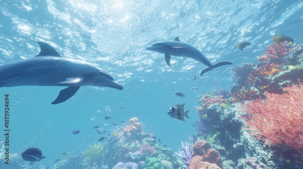 Fototapeta premium Enchanting Underwater World: Dolphins' Perception Revealed in 3D Render Artwork
