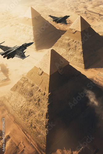 Pyramiden des alten Ägypten mit Flugzeugen im Himmel

 photo