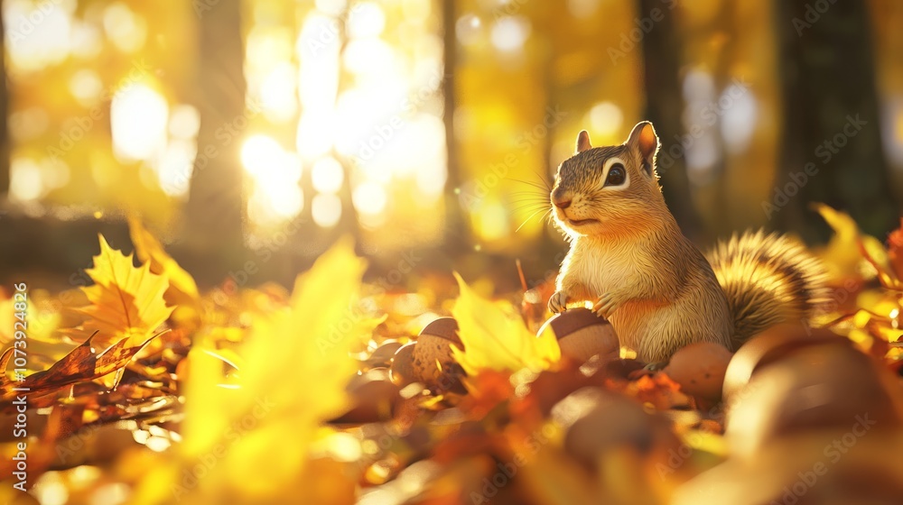 Obraz premium Enchanted Autumn Forest - Ultra-Detailed 3D Render from Chipmunk's Viewpoint Capturing Vibrant Foliage and Acorns
