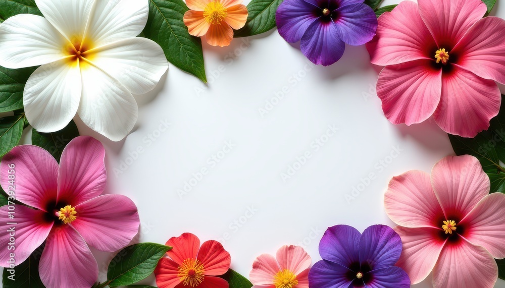 Free space in the middle, surrounded with flowers gardenia and chrysanthemum, violet, and hibiscus and copy space Free space in the middle, surrounded with flowers gardenia and chrysanthemum, violet, and hibiscus and copy space