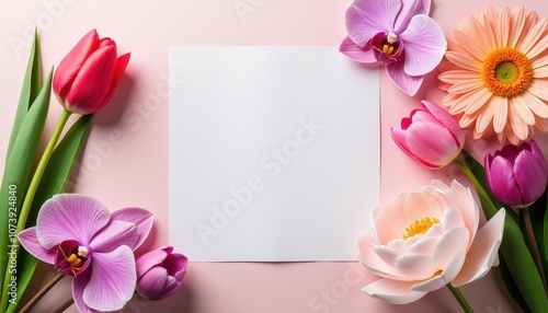 Wallpaper Mural Free space in the middle, surrounded with flowers tulip, orchid, peony, and dahlia and copy space Torontodigital.ca