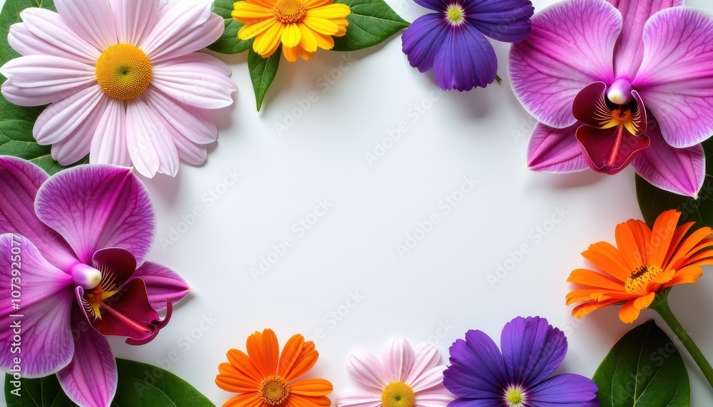 Free space in the middle, surrounded with flowers orchid, daisy, violet, and nasturtium and copy space Free space in the middle, surrounded with flowers orchid, daisy, violet, and nasturtium and copy space