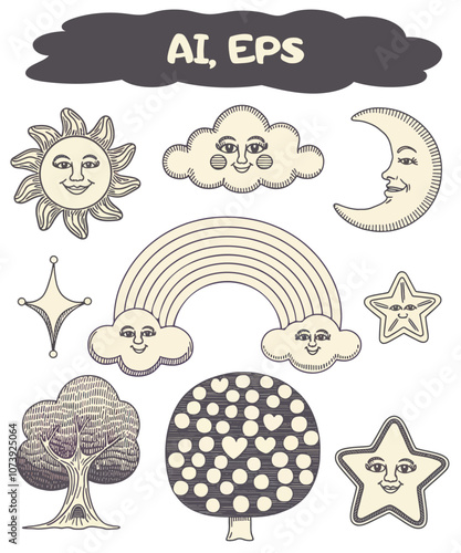 Whimsical 90s-Inspired Retro Illustration with Smiling Sun, Moon, Cloud, and Rainbow on Pink Background – Retro Playful Art for Kids’ Decor, Greeting Cards, and Fun Designs