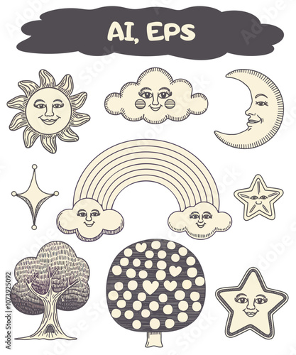 Whimsical 90s-Inspired Retro Illustration with Smiling Sun, Moon, Cloud, and Rainbow on Pink Background – Retro Playful Art for Kids’ Decor, Greeting Cards, and Fun Designs