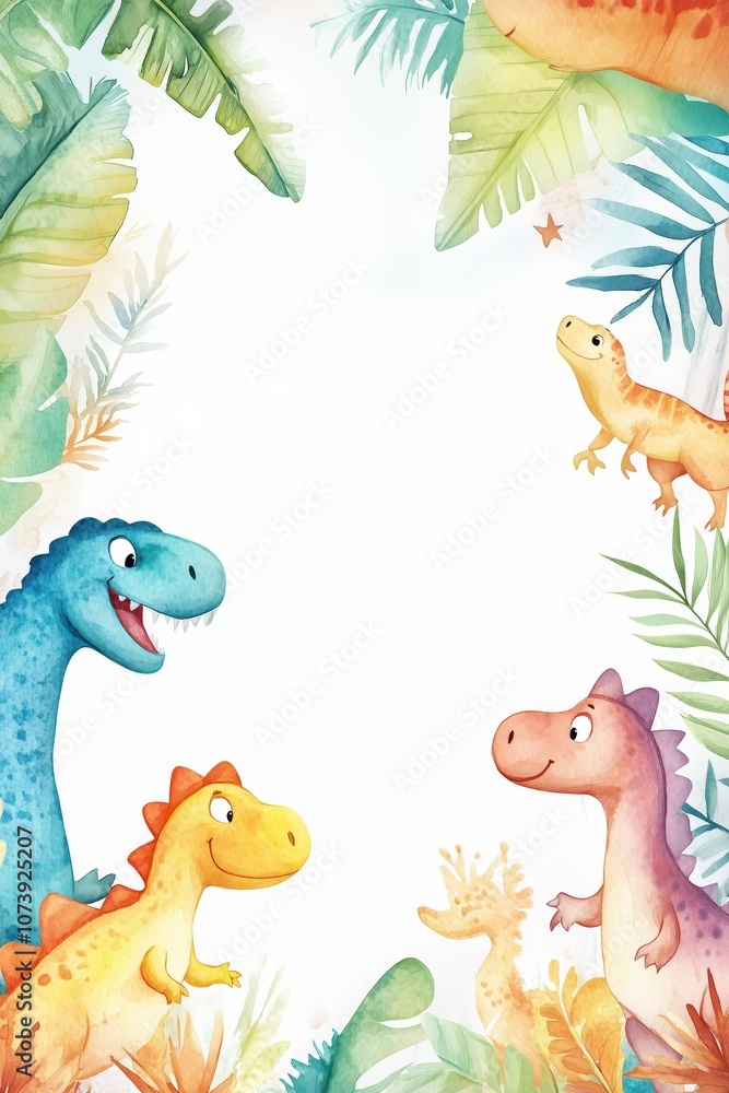 Naklejka premium Whimsical Watercolor Dinosaur Frame With Colorful Dino Friends Perfect for a Fun Birthday Celebration