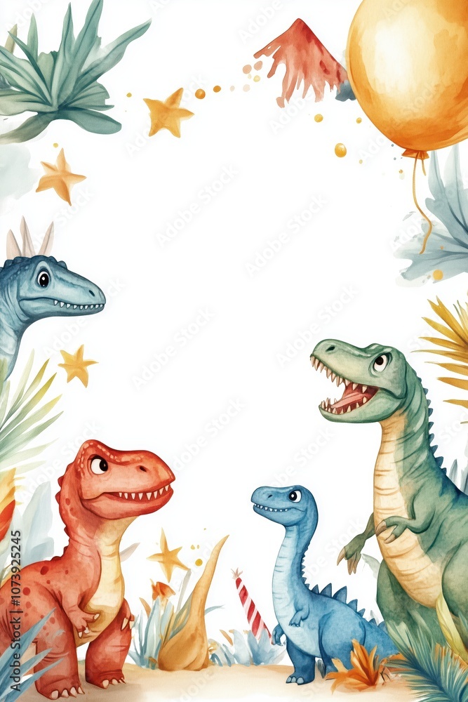 Fototapeta premium Watercolor Dinosaur-Themed Birthday Frame With Vibrant Colors and Playful Design Featuring Cartoon Dinosaurs, Stars, and a Volcano