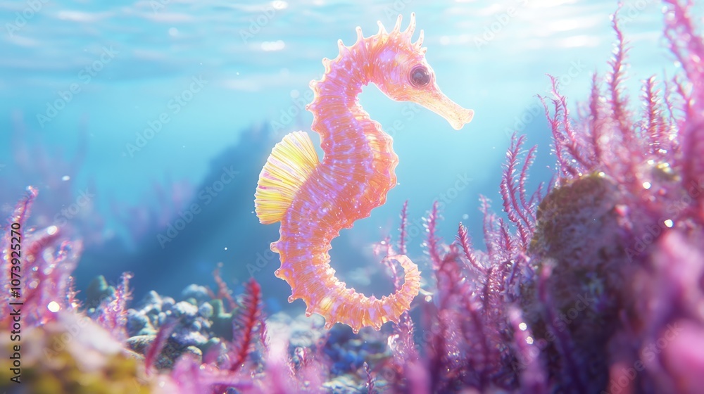 Vibrant Underwater World: 3D Render of Seahorse Amid Colorful Coral and Seagrass with Shimmering Light Vibrant Underwater World: 3D Render of Seahorse Amid Colorful Coral and Seagrass with Shimmering Light