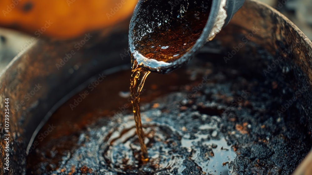 Thick, dark liquid being poured from a container into a bowl. Thick, dark liquid being poured from a container into a bowl.