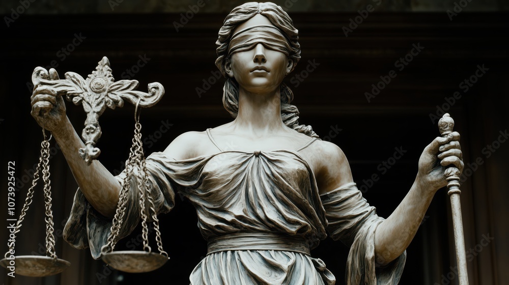 Obraz premium Statue of Lady Justice Holding Scales Symbolizing Fairness, Equality, and Impartiality in Legal Matters Against a Dark Background