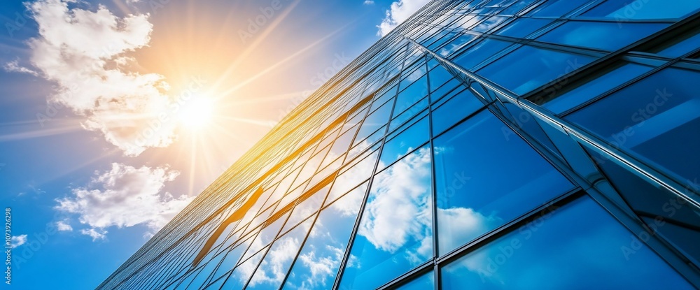 Low angle view of modern building reflecting clouds and bright sun. Low angle view of modern building reflecting clouds and bright sun.
