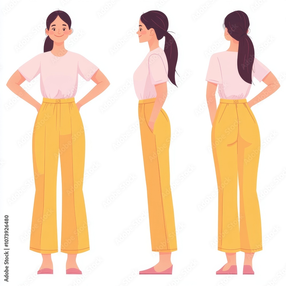 Smiling woman in casual clothes standing in three different poses. Smiling woman in casual clothes standing in three different poses.