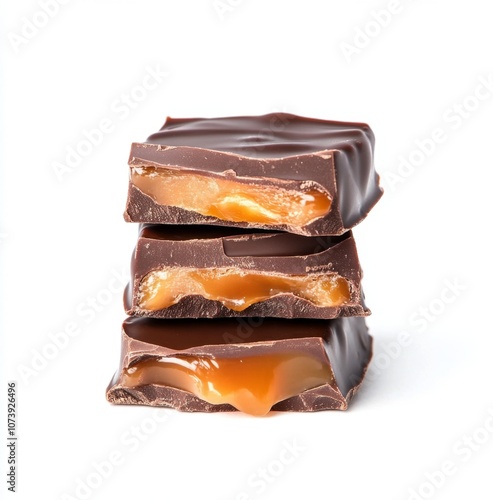 Three pieces of dark chocolate with caramel filling stacked on top of each other, isolated on white background.