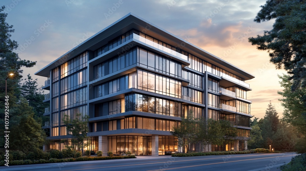 Modern apartment building with large windows, a glass entrance, and a tree lined street. Modern apartment building with large windows, a glass entrance, and a tree lined street.
