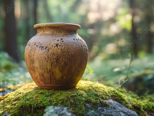 Title: Rustic clay pot on mossy rock in forest.
