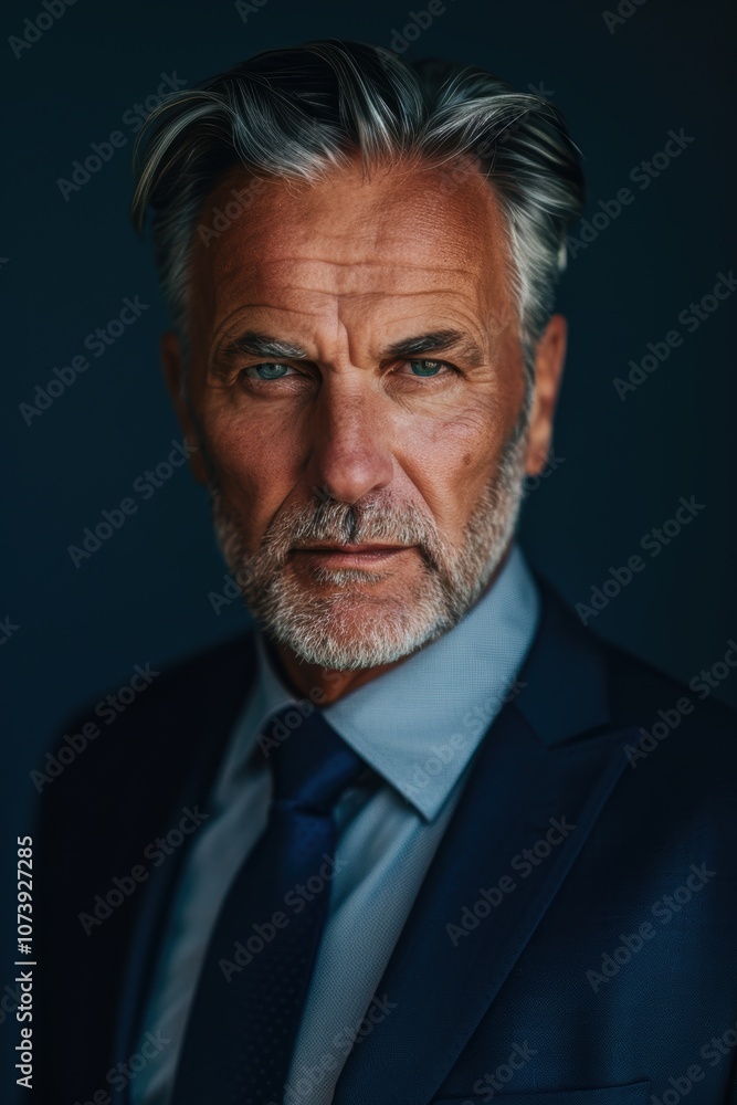 Portrait of a Mature Businessman in Navy Suit with Monotone Blue Background Portrait of a Mature Businessman in Navy Suit with Monotone Blue Background