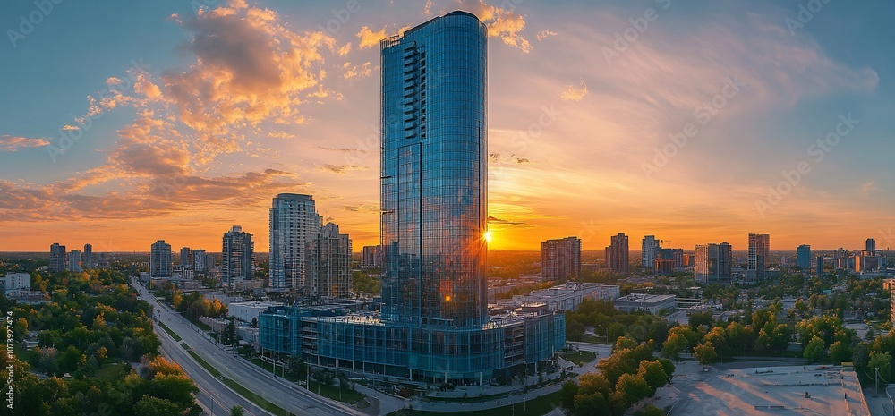 Fototapeta premium Modern cityscape with a skyscraper reflecting the setting sun.