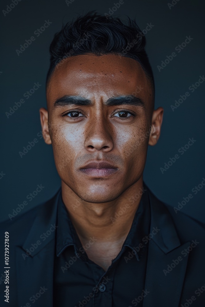 Intense Portrait of Young Man with Sharp Features Against Dark Navy Background Intense Portrait of Young Man with Sharp Features Against Dark Navy Background
