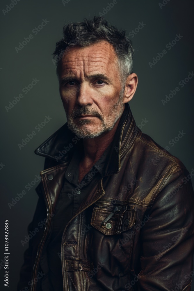 Obraz premium Rugged Middle-Aged Man in Leather Jacket with Intense Lighting and Moody Atmosphere