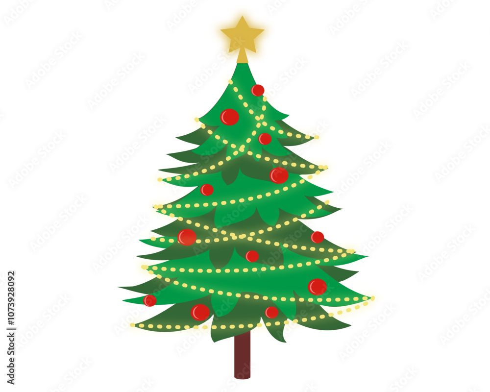 A vector illustration of Christmas tree decorated with glowing lights, a bright star at the top, and red baubles. The overall design captures the cozy and joyful spirit of Christmas, for holiday cards A vector illustration of Christmas tree decorated with glowing lights, a bright star at the top, and red baubles. The overall design captures the cozy and joyful spirit of Christmas, for holiday cards
