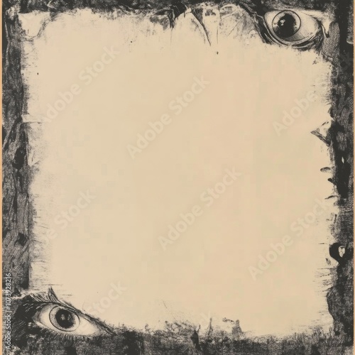 Abstract art with two eyes peering from a grungy frame.