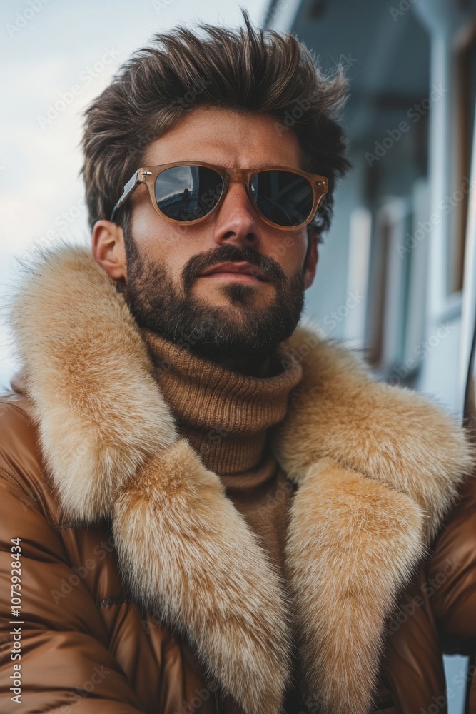 Handsome man in brown fur-lined jacket with sunglasses looking away. Handsome man in brown fur-lined jacket with sunglasses looking away.