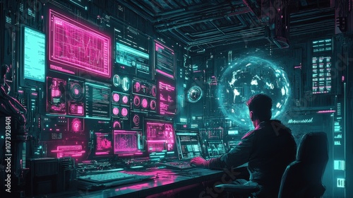 Wallpaper Mural Detailed cyberpunk AI management software interface illustration in neon colors Torontodigital.ca