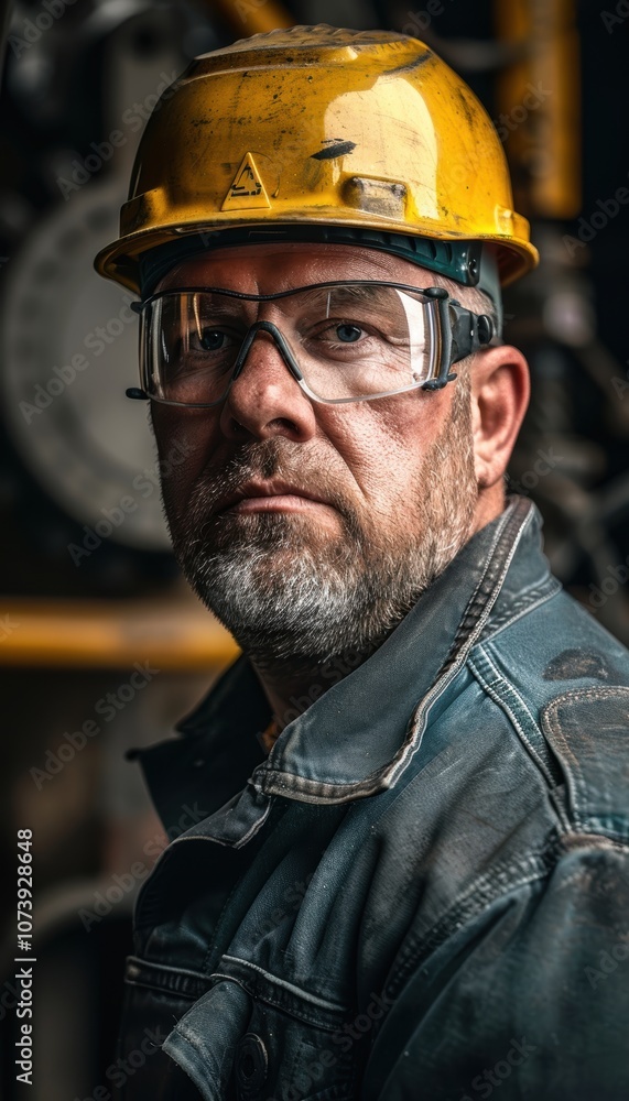 Confident Manufacturing Worker in Safety Gear at Industrial Machine Workplace Confident Manufacturing Worker in Safety Gear at Industrial Machine Workplace