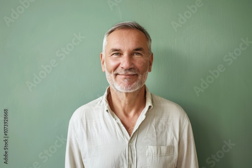 Warm Smiling Portrait of Middle-Aged Man in White Shirt Against Pastel Green Background