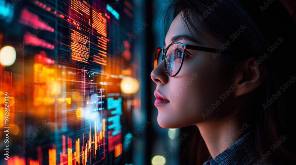 A young woman gazes intently at futuristic digital projections while exploring advanced technology in a modern urban setting at dusk A young woman gazes intently at futuristic digital projections while exploring advanced technology in a modern urban setting at dusk