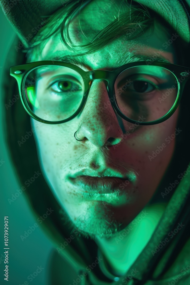 Young Tech Enthusiast in Stylish Glasses Against Vibrant Green Monochrome Background Young Tech Enthusiast in Stylish Glasses Against Vibrant Green Monochrome Background