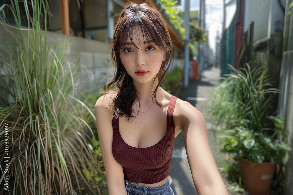 ボルドーのタンクトップを着て散歩する女性