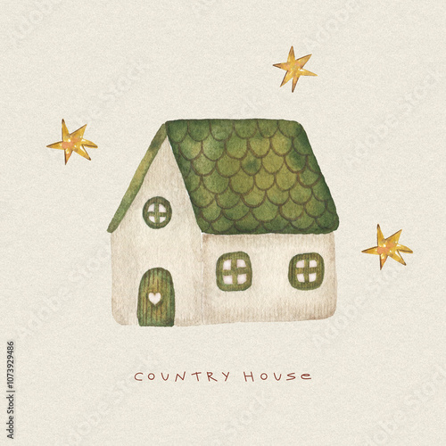 Watercolor cute little house illustration with stars. Hand drawn vintage card.