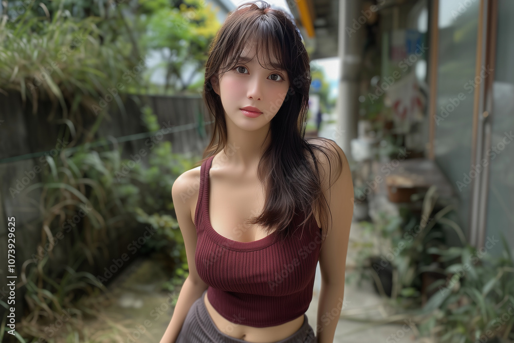 ボルドーのタンクトップを着て散歩する女性 ボルドーのタンクトップを着て散歩する女性