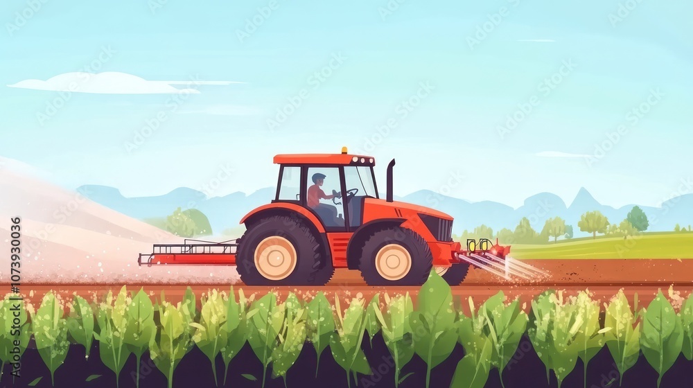 Fototapeta premium A tractor cultivating land in a scenic agricultural landscape.