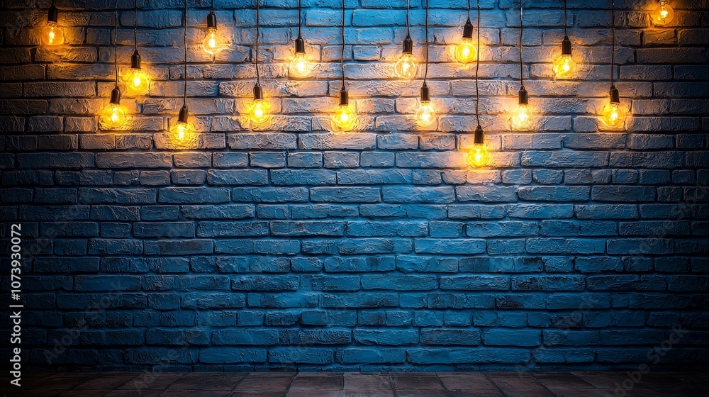 A wall adorned with hanging light bulbs against a blue brick background, creating a cozy ambiance. A wall adorned with hanging light bulbs against a blue brick background, creating a cozy ambiance.