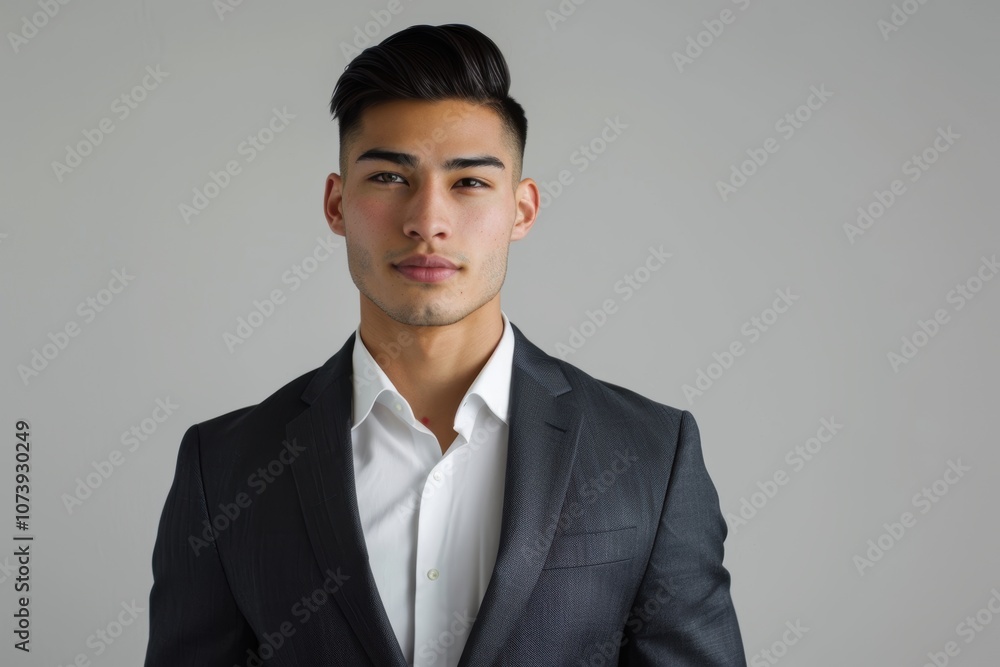 Confident Young Professional in Tailored Business Attire on Gray Background for Corporate Design Confident Young Professional in Tailored Business Attire on Gray Background for Corporate Design