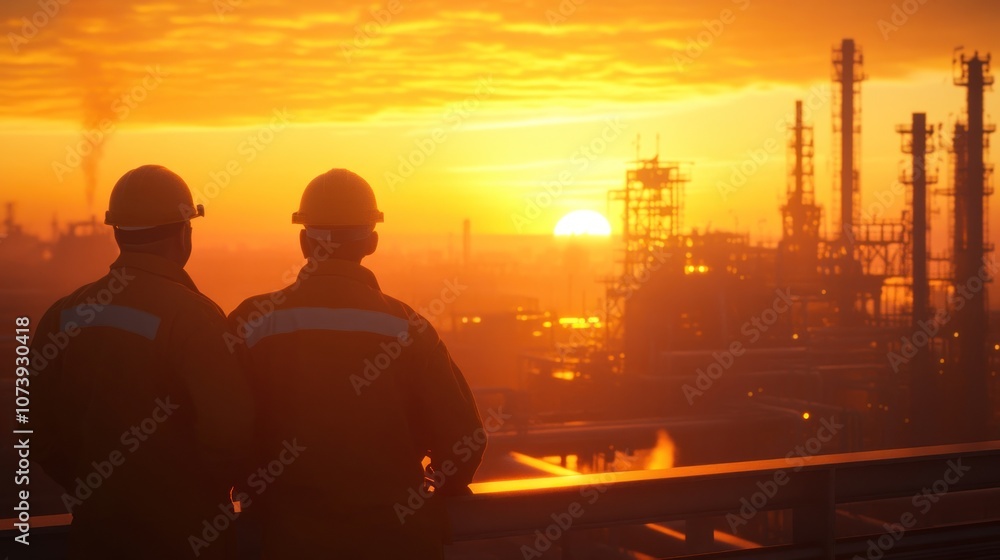 Fototapeta premium Two workers observing a sunset over an industrial landscape.