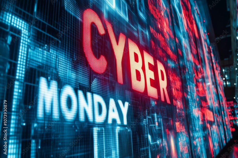 CYBER MONDAY logo. Dynamic banner showing Cyber Monday neon sign, logo. Horizontal banner. Web. Screen. CYBER MONDAY logo. Dynamic banner showing Cyber Monday neon sign, logo. Horizontal banner. Web. Screen.