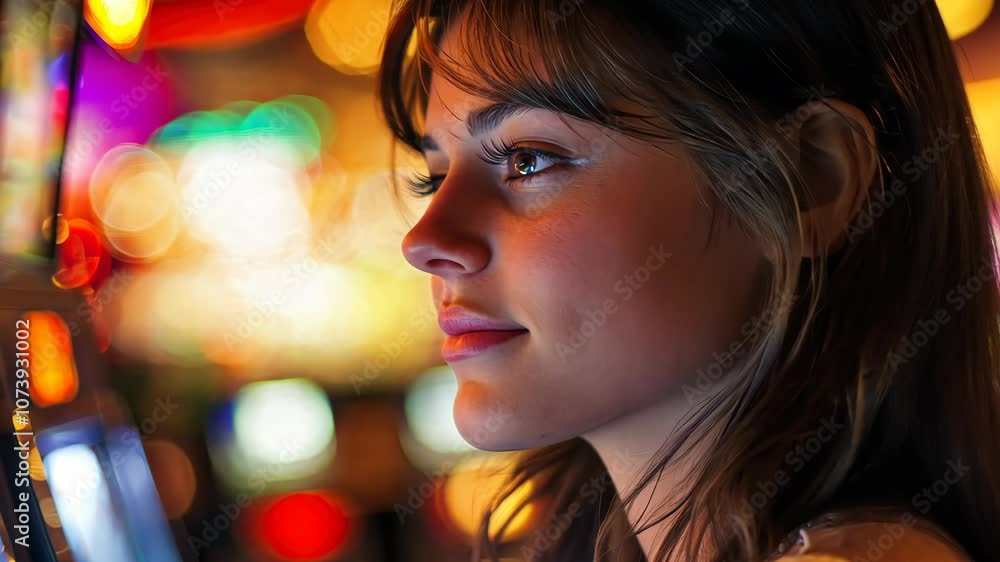 Close-up of a young woman focused on a slot machine in a casino, with a lively, blurred background that highlights the thrill of the gaming environment. Her expression reflects anticipation and Close-up of a young woman focused on a slot machine in a casino, with a lively, blurred background that highlights the thrill of the gaming environment. Her expression reflects anticipation and